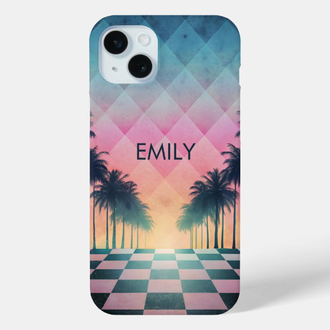Coques Case-Mate iPhone Custom Name Retro Synthwave Sunset Palm Trees (Verso)