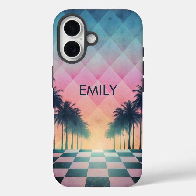 Coques Case-Mate iPhone Custom Name Retro Synthwave Sunset Palm Trees (Verso)