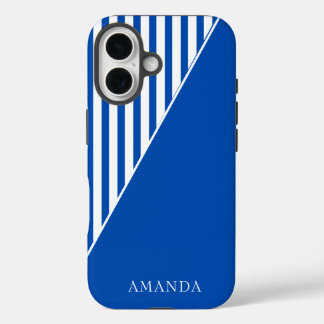 Coques iPhone 16 Cute Blue Striped Personalized Name