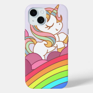 Coque Pour iPhone 15 Cute Bright Coloré Unicorn et Arc-en-ciel Art
