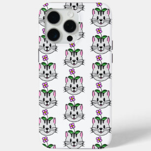 Coque iPhone 15 Pro Max Cute chat caricature avec une fleur sur la tête