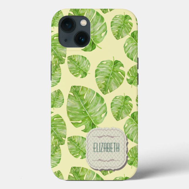 Coques Case-Mate iPhone Cute Chic Banana Leaf Vert Blanc Nom Jaune (Verso)