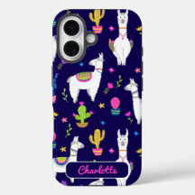 Cute Colorful Alpaca Cactus Custom Name Dark Blue