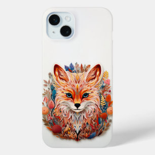 Coque iPhone 15 Mini Cute Fox avec fleurs Papier Coupe