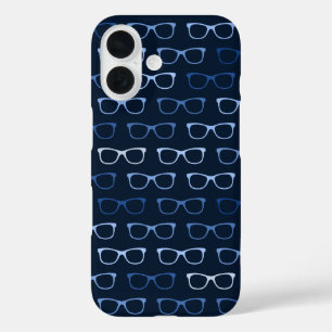 Coques iPhone 16 Cute Geeky Navy Blue Hipster lunettes d'oeil Motif
