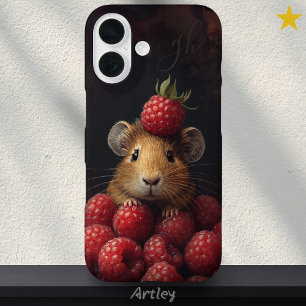 Coques iPhone 16 Cute Hamster Peeking Bébé Animal Raspberry Initial