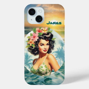 Coque Pour iPhone 15 Cute Hawaii lady ajouter nom plage rétro