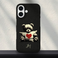 Cute Noir Teddy Ours Hug Coeur Coussin Monogramme