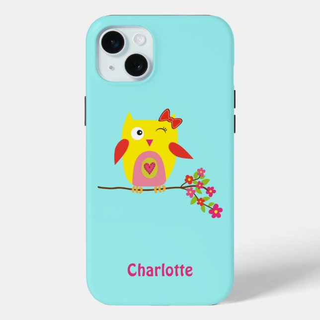 Coques Case-Mate iPhone Cute Owl Fleurs roses Enfants Nom personnalisé (Verso)