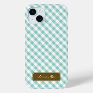 Coque iPhone 15 Mini Cute Pastel Mint En vichy Motif