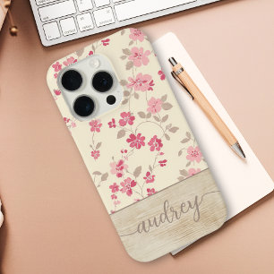 Coque iPhone 15 Pro Cute Personnalisé Bois Floral Script Monogramme No