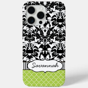 Coque iPhone 15 Pro Max Cute Personnalisé Papod Lime Stripe et Damask
