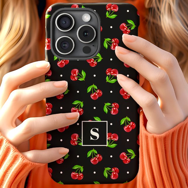 Coques Case-Mate iPhone Cute Polka Dot Cerises Sur Monogramme Noir (Créateur téléchargé)