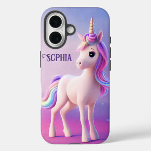 Coques iPhone 16 Cute Unicorne Blanche Avec Rose & Bleu Mane