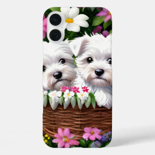 Coques iPhone 16 Plus Cute Westie Terrier Puppy dans le panier à fleurs