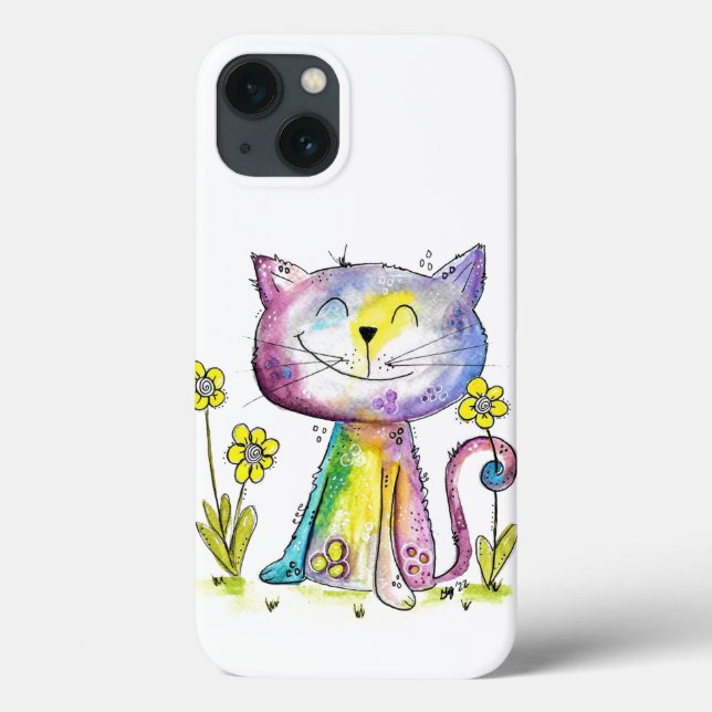 Coques Case-Mate iPhone Cute Whimsical Happy Chat avec Fleur Jaune (Verso)
