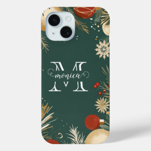 Coque Pour iPhone 15 Cutom Nom Monogramme Festive Ornements de Noël