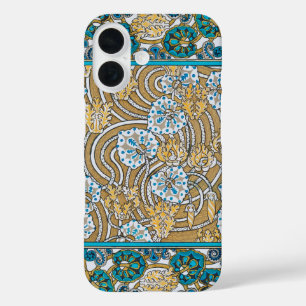 Coques iPhone 16 cyclamen bleu art nouveau fleur botanique