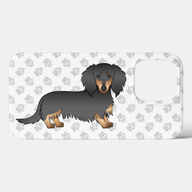 Coques Case-Mate iPhone Dachshund à poil long noir et feu, chien de dessin (Verso (horizontal))