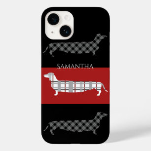 Coque Pour iPhone 14 Dachshunds Plaid sur des bandes personnalisées