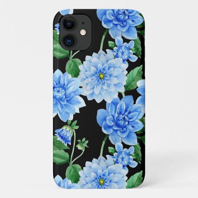 Coques Case-Mate iPhone dahlias bleu sur noir (Dos)