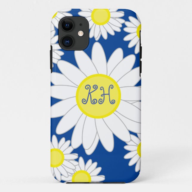 Coques Case-Mate iPhone Daisy Monogram Marine Bleu blanc et jaune (Dos)