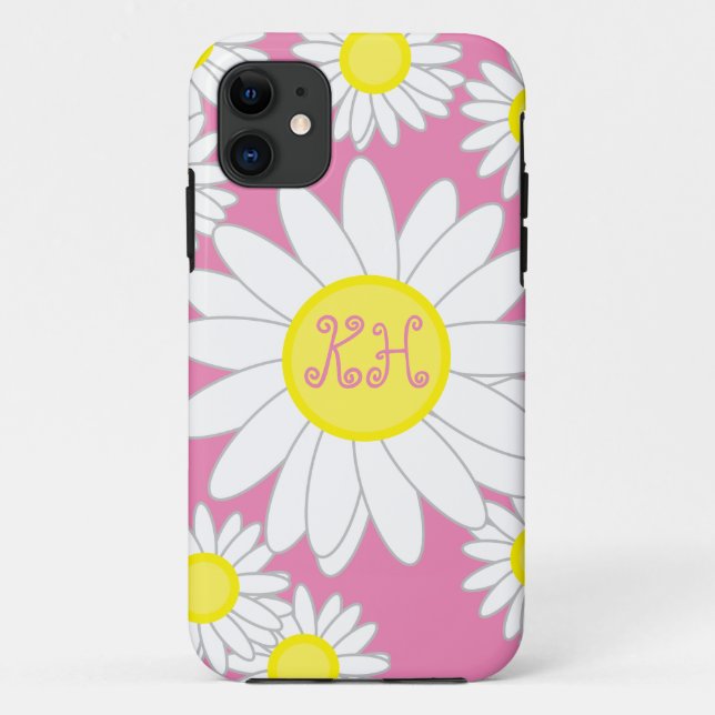 Coques Case-Mate iPhone Daisy Monogram rose blanc et jaune (Dos)
