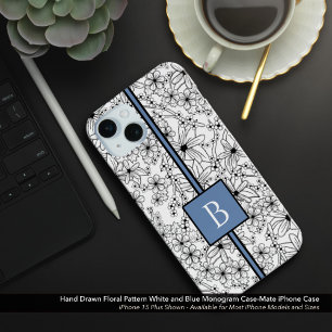 Coque iPhone 15 Mini Daisy noir blanc motif floral bleu Monogramme