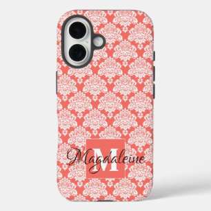 Coques iPhone 16 Damas blanc sur le corail Monogramme & Nom Jolie