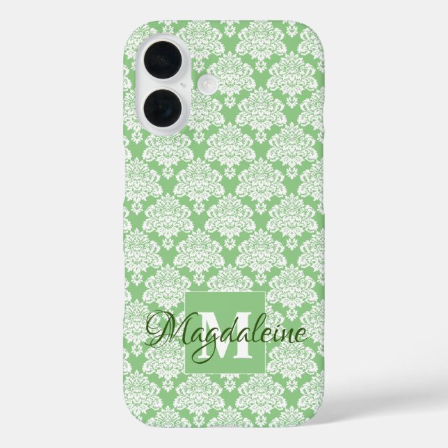 Coques Case-Mate iPhone Damas blanc sur Monogramme vert et nom jolie (Verso)