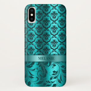 Coque iPhone X Damas Bleu Turquoise Avec Accent Métallique