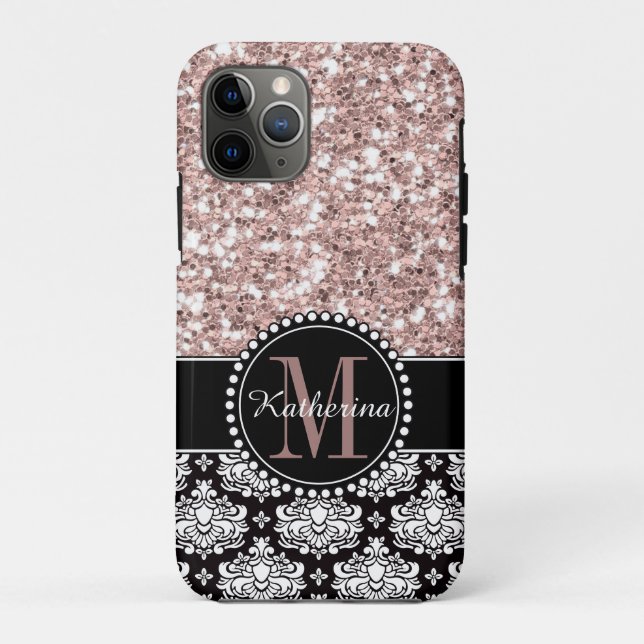 Coques Case-Mate iPhone Damas et Parties scintillant rose, Monogramme (Dos)