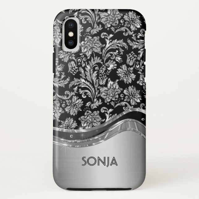 Coques Case-Mate iPhone Damas florales argentées-grises métalliques (Dos)