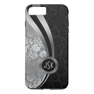 Coque iPhone 8 Plus/7 Plus Damas noir et argent Stripes dynamiques Monogramme