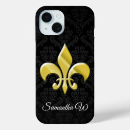 Coque Pour iPhone 15 Damas noir/or Fleur de Lis