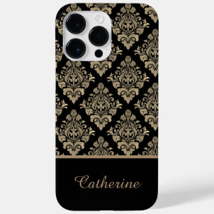 Coque Pour Pour iPhone 14 Pro Max Damask Black Gold Swirl Nom personnalisé