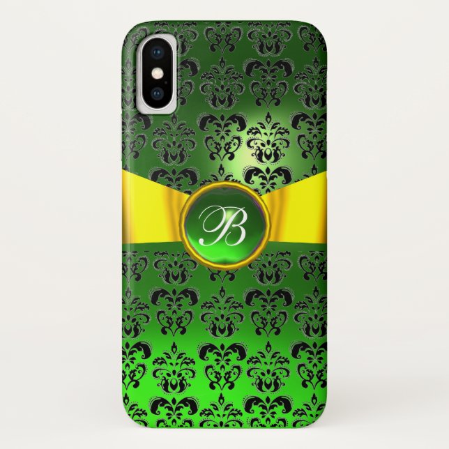 Coques Case-Mate iPhone DAMASK FIÈRE MONOGRAM vert or jaune ruban (Dos)