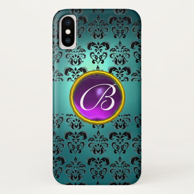 Coques Case-Mate iPhone DAMASK GEM MONOGRAM bleu noir violet (Dos)