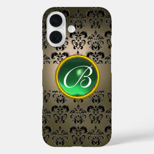 Coques iPhone 16 DAMASK GEM MONOGRAM gris vert noir