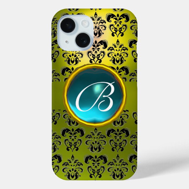 Coques Case-Mate iPhone DAMASK GEM MONOGRAM jaune bleu aquamarine (Verso)