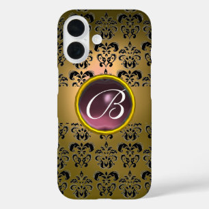 Coques iPhone 16 DAMASK GEM MONOGRAM jaune violet noir