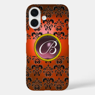 Coques iPhone 16 DAMASK GEM MONOGRAM orange violet noir