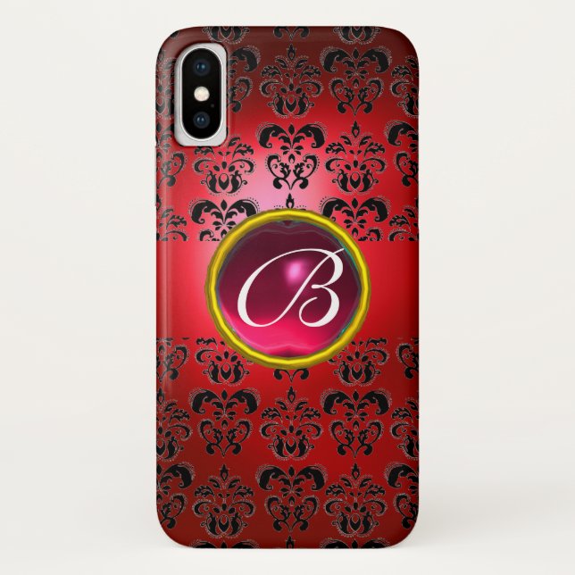 Coques Case-Mate iPhone DAMASK GEM MONOGRAM rouge noir rose fuchsia (Dos)