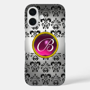Coques iPhone 16 DAMASK GEM MONOGRAS blanc noir rose
