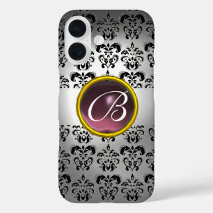 Coques iPhone 16 DAMASK GEM MONOGRAS blanc noir violet