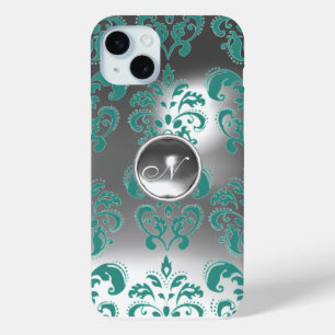 Coque iPhone 15 Mini DAMASK GEM MONOGRAS bleu blanc
