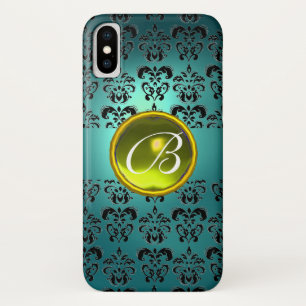 Coques Pour iPhone DAMASK GEM MONOGRAS bleu noir jaune
