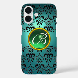 Coques iPhone 16 DAMASK GEM MONOGRAS bleu noir vert