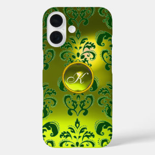 Coques iPhone 16 DAMASK GEM MONOGRAS jaune vert