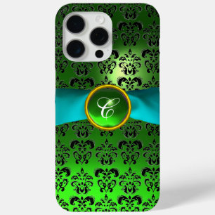 Coque iPhone 15 Pro Max DAMASK GIRLY MONOGRAM vert aqua bleu ruban